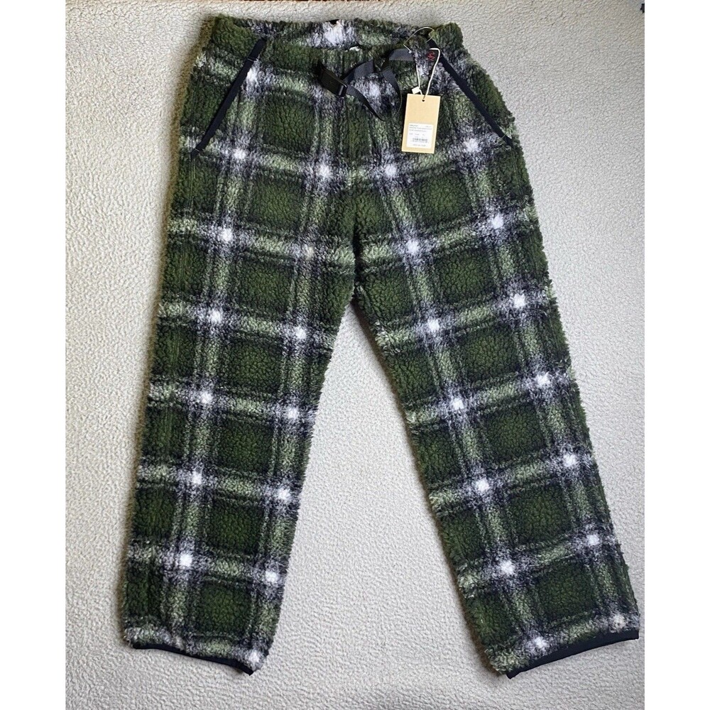 Gramicci Sherpa Pants Mens Large 34x30 Green Shadow Plaid Belted Fleece NWT